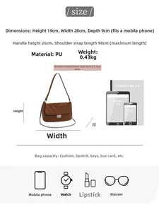 Size guide for diamond quilted chain bag showing dimensions and item capacity details