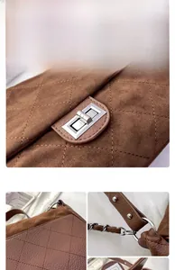 Detailed macro view of brown quilted stitching and silver metal twist lock on a shoulder bag