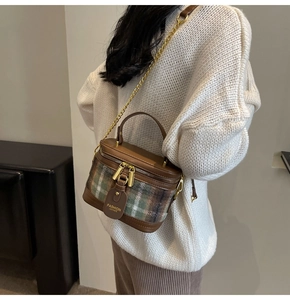Detail of brown plaid cylinder bag with gold chain strap shown on model shoulder