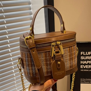 Mini brown leather and plaid cylinder bucket bag with golden chain and handle