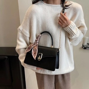 Minimalist black PU leather crossbody bag with gold lock and silk scarf handle