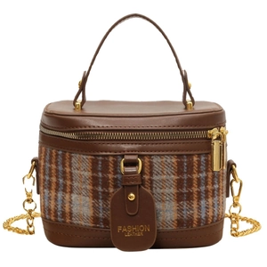 Retro plaid mini suitcase handbag with brown leather trim and golden chain strap