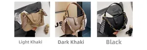 Detailed view of lychee pattern leather bags in khaki and black with silk scarf decor