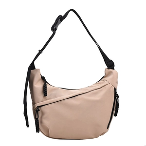 Chic beige nylon crescent crossbody bag with adjustable black strap and buckle