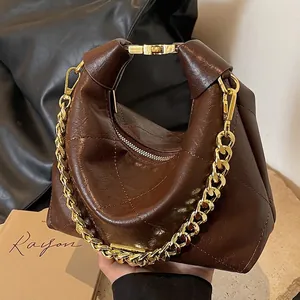 Women Vintage Quilted Rhombic PU Leather Hobo Dumpling Bag With Gold Chain Shoulder Crossbody Fashion Handbag