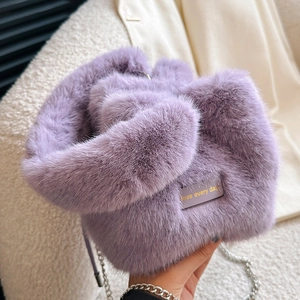 Plush light purple chain bucket bag with soft faux fur and love every day label