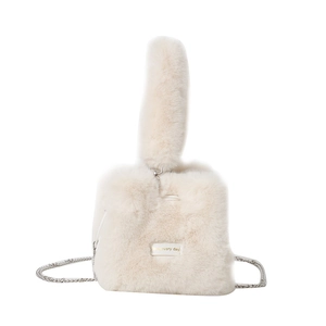 Chic fluffy plush bucket bag in cream white with a chain strap and top handle