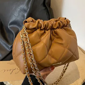Women Quilted PU Leather Chain Crossbody Bag Vintage Drawstring Cloud Bucket Bag With Gold Metal Ball Shoulder Bag