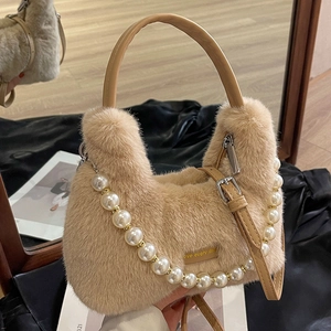 Elegante borsa a mano in peluche albicocca con catena di perle e tracolla rimovibile