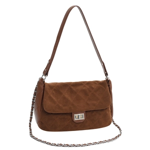 Brown quilted crossbody bag with frosted texture and silver metal twist lock closure