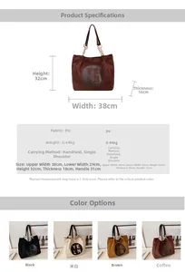 Tableau détaillé montrant les dimensions du grand sac cabas et quatre options de couleurs