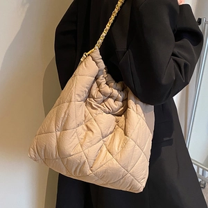 Sac Matelassé Grande Capacité en Tissu Oxford Texture Losanges Chaîne Sac à Bandoulière Avec Pochette pour Femme Mode Voyage