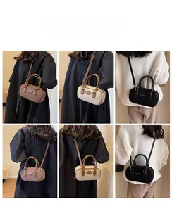 Detail shots of retro crossbody pillow bag shown in brown, beige, and black colors