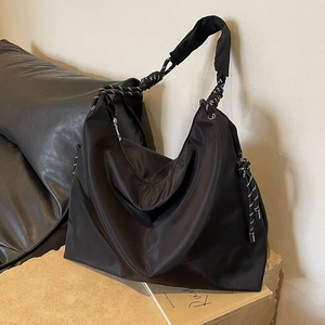Large black Oxford nylon tote bag with braided rope handle and water resistant satin finish