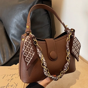 Retro brown lychee leather handbag with golden chain and stylish logo scarf accessory