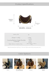 Detailed dimensions and specs for retro crescent saddle bag with gold chain strap