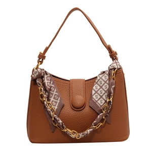 Retro caramel lychee pattern leather handbag with scarf handle and gold chain detail