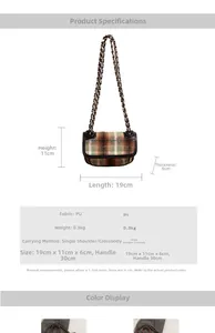 Detailed size specifications for plaid crossbody bag with chain strap and PU leather material