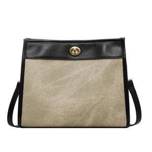 Large capacity vintage beige tote bag with black leather straps and gold twist lock clasp