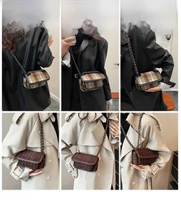 Detail shots of vintage plaid crossbody bag with chain strap on models in various outfits