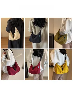 Detail showing various colors of casual nylon crescent crossbody bags on models