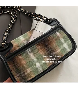 Detail view of the back anti-theft pocket on the plaid crossbody bag with chain strap