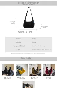 Detailed view showing large nylon crescent bag dimensions 31x19x9cm and 0.15kg weight
