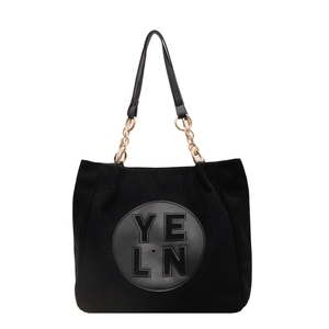 Sac cabas noir mat rétro avec bandoulière chaîne dorée et patch logo central