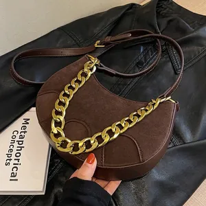 Vintage Frosted PU Suede Hobo Bag For Women Gold Chain Shoulder Crossbody Saddle Bag Adjustable Strap Fashion Handbag