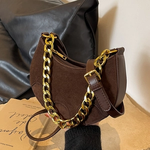 Retro coffee brown suede half-moon saddle bag with golden chain and leather strap