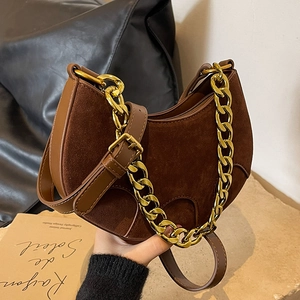 Vintage chocolate suede saddle bag with chunky gold chain strap for women