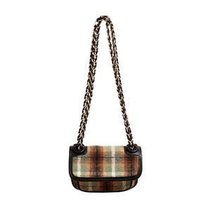 Classic plaid tweed chain shoulder bag with brown earth tones and black leather trim