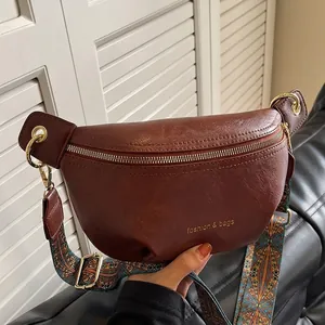 Damen Vintage PU Leder Brusttasche Ethno Stil Breiter Schultergurt Sattel Gürteltasche Lässige Mode Umhängetasche Reisen