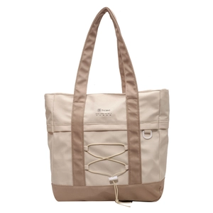 Borsa tote in nylon beige e marrone con scritte SCBG e coulisse per donna