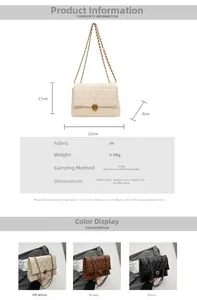Quilted flap bag dimensions with detail views in beige, brown, and black PU leather