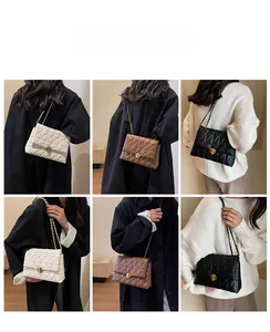 Detailed views of quilted crossbody bags with chain straps in white, brown, and black