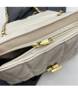 Detailed close-up of quilted beige chain bag with polished gold metal zipper and fabric lining