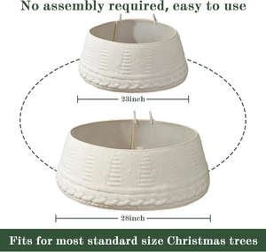 Detail der creme gestrickten Christbaumdecke mit Zopfmuster und 23-28 Zoll Größenangabe