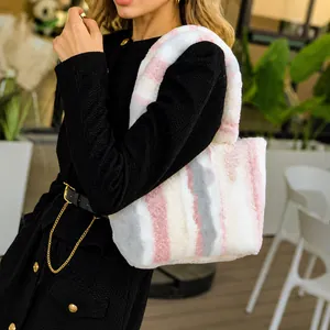 Borsa Tote in Peluche alla Moda da Donna Grande Capacità Minimalista Urbana a Righe a Tracolla per Autunno Inverno Quotidiano Pendolare