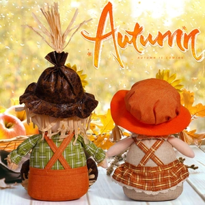 Detailed view of autumn scarecrow dolls with plaid outfits among seasonal fall decor