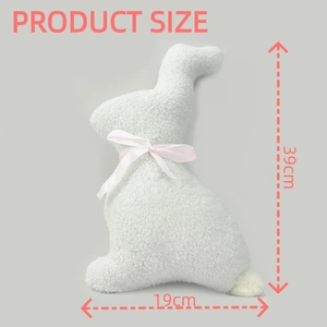 Plush Easter bunny rabbit throw pillow with pink bow accent, size 39x39cm, soft white fleece