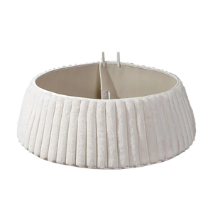Adjustable white faux fur knitted Christmas tree skirt with plush vertical pleated texture