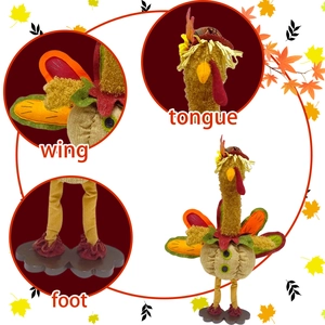 Standing Thanksgiving turkey decoration with burlap body and colorful felt feathers detail