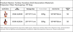 Size chart for Thanksgiving faceless turkey gnome with weight and dimensions table