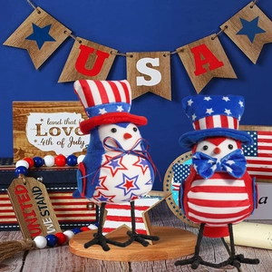 Pair of patriotic plush bird figurines with US flag patterns for Independence Day decor