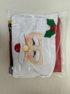 Detail of Santa toilet cover set showing applique embroidery in plastic packaging