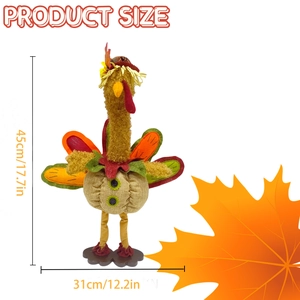 Standing plush Thanksgiving turkey doll decoration in orange and brown tones, 45cm height