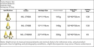 Detailed size chart for bee-themed gnome plush toys with weight and dimensions