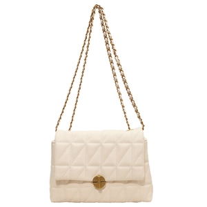 Retro quilted crossbody bag in beige leather with golden chain and circular lock clasp