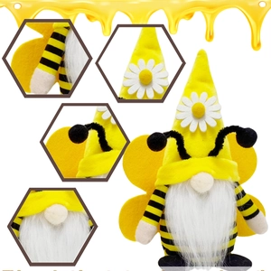 Bee festival gnome plush with yellow striped hat and daisy decor for spring home ornament